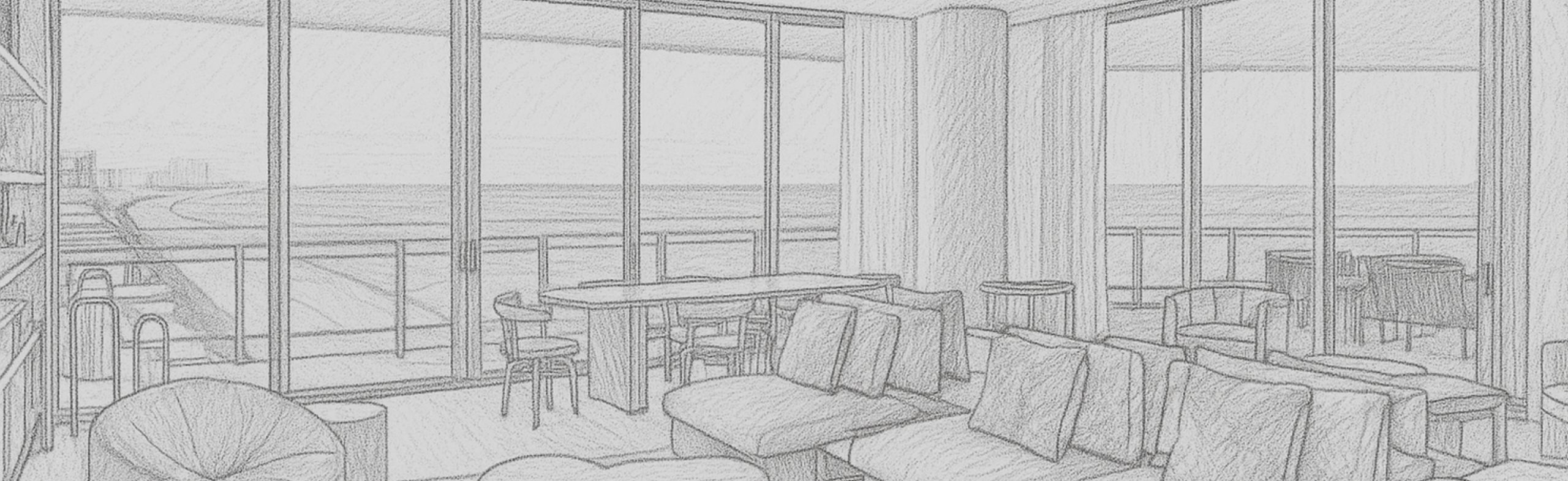 Architectural sketch of a modern oceanfront living room with floor-to-ceiling glass windows, contemporary furniture, and an open balcony overlooking the beach.