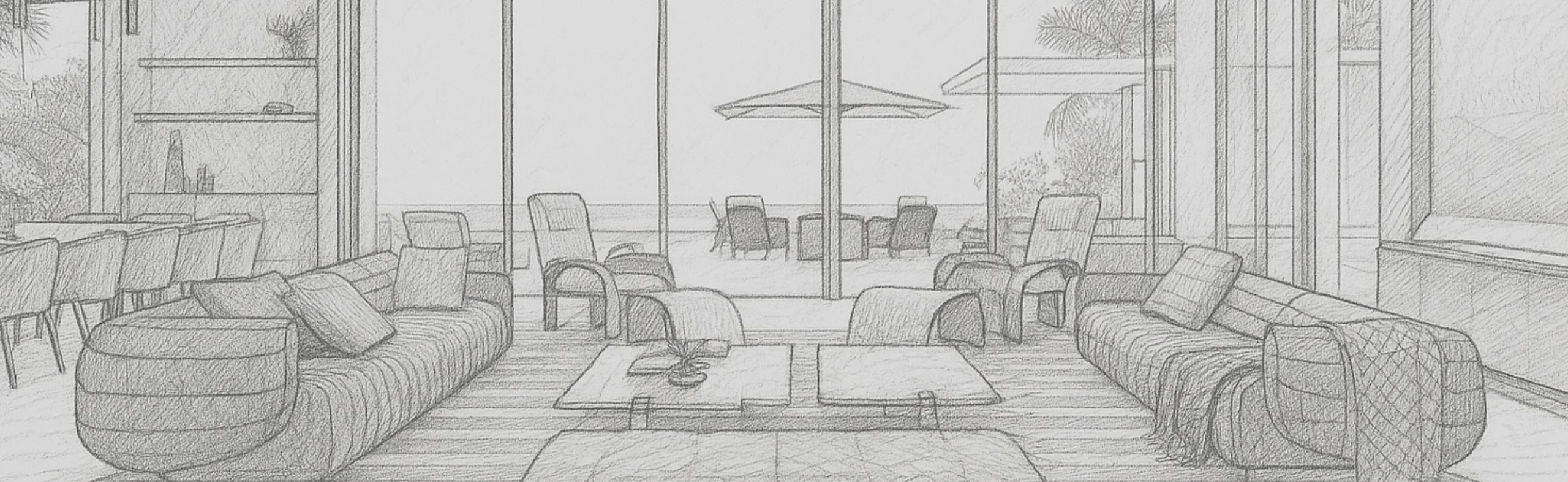 Architectural sketch of a contemporary living room with modern sofas, lounge chairs, and large glass doors opening to a patio with outdoor seating and ocean views. Design by Troy Dean Home