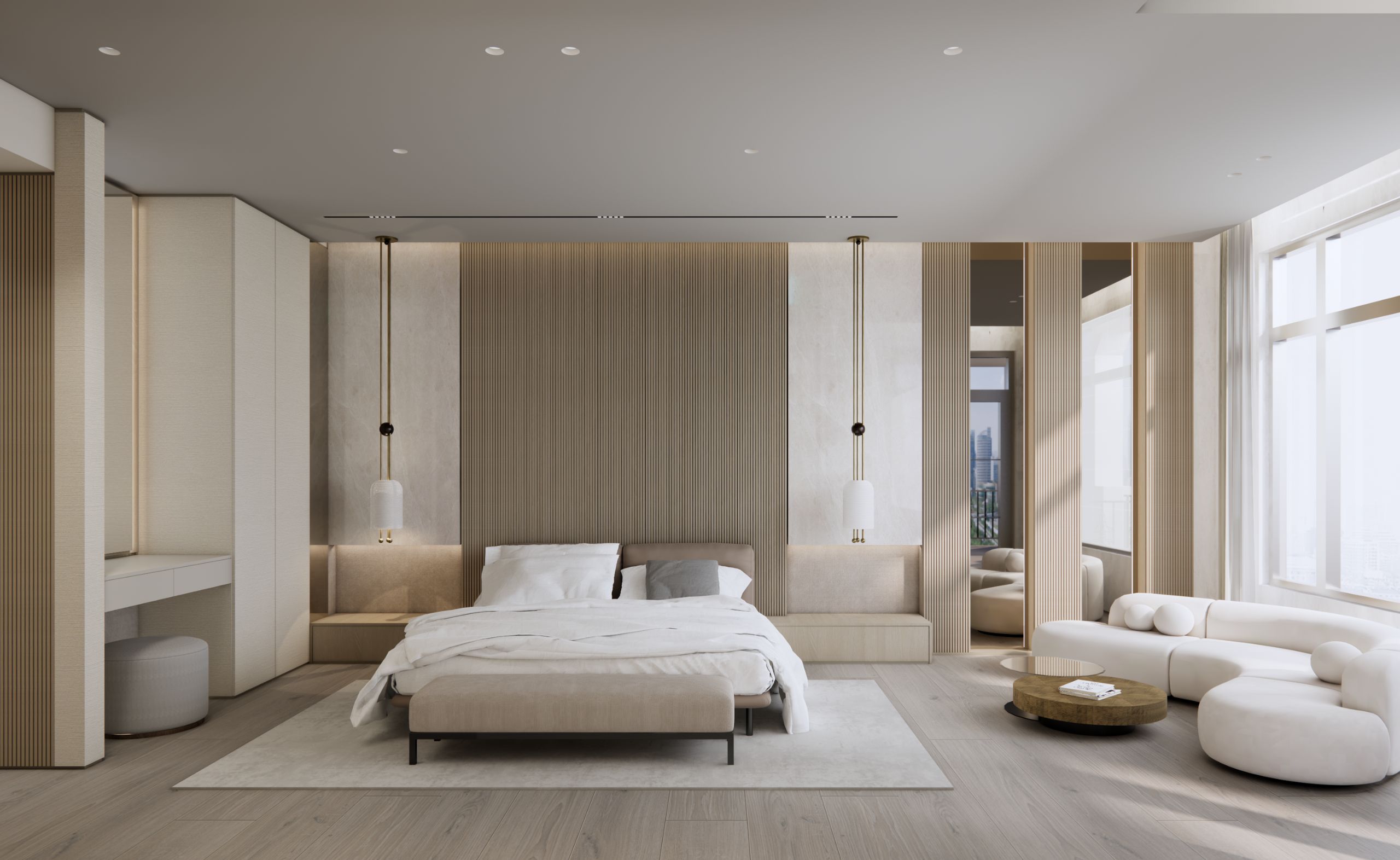 Modern luxury bedroom at Williams Island Residence featuring a neutral color palette, upholstered bed, floor-to-ceiling windows, wood accents, and a sleek lounge area with curved sofa and coffee table. Design by Troy Dean Home.
