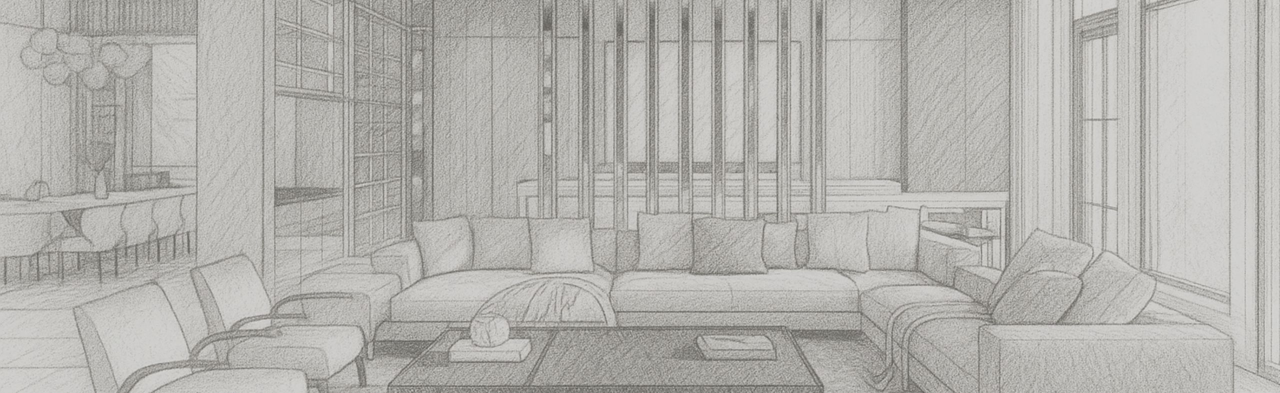 Architectural sketch of a modern living and dining area with sectional sofa, accent chairs, large windows, and open-concept design elements. Design by Troy Dean Home.