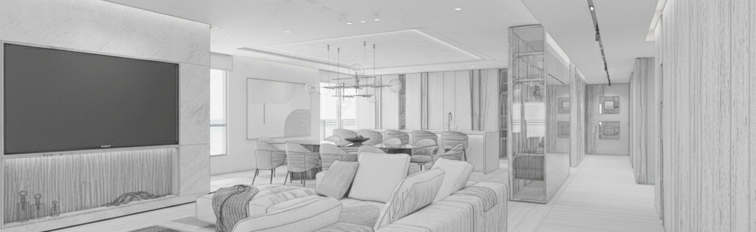 Architectural sketch of a modern living and dining area with sofa, chairs, large windows, and open-concept design elements. Design by Troy Dean Home.